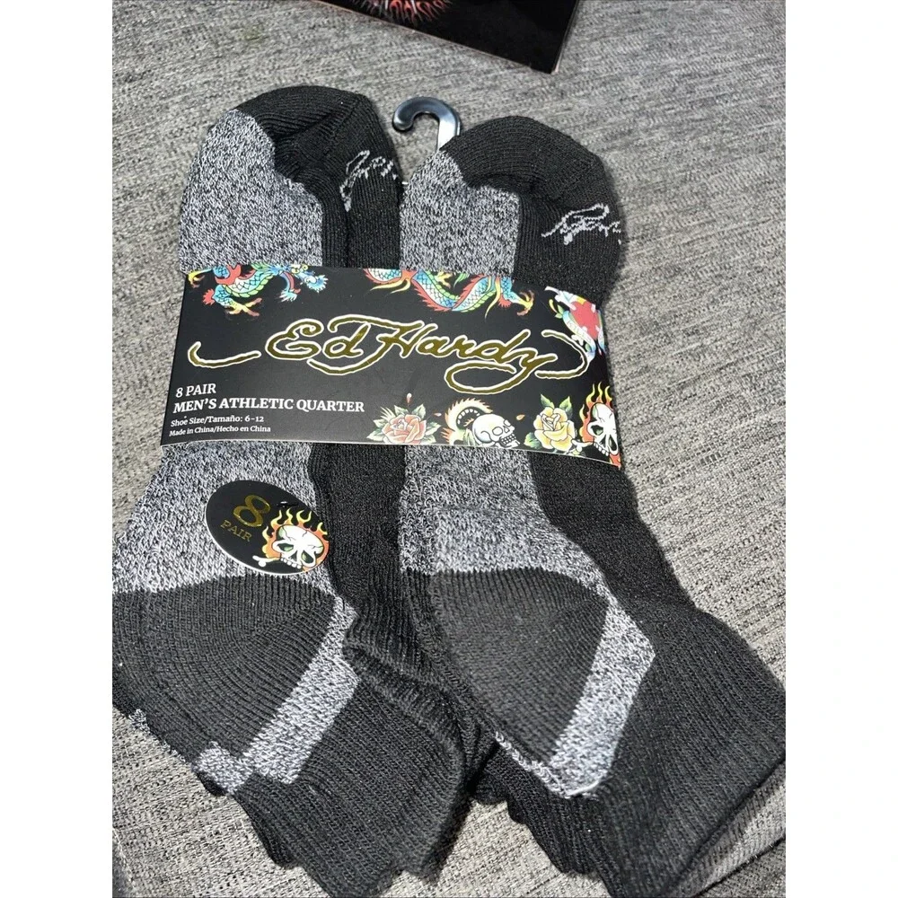 Ed Hardy Mens 8 Pair Set Athletic Low Cut Black Socks Shoe Size 6-12 New